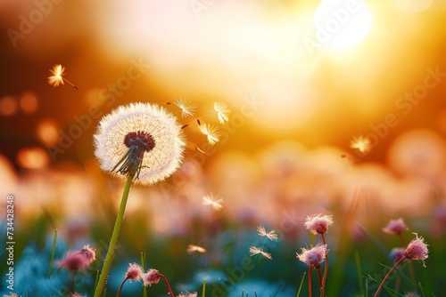A carefree dandelion spreads its seeds, dancing in the warm sun amidst a sea of lush green grass and wildflowers in a beautiful spring field