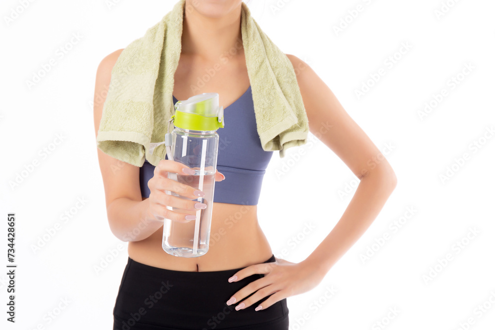 Fit young asian woman taking a break from workout holding a clear water bottle, towel over her shoulders, isolated white background, Active woman resting with water bottle, sport for health. Fit young asian woman taking a break from workout holding a clear water bottle, towel over her shoulders, isolated white background, Active woman resting with water bottle, sport for health.