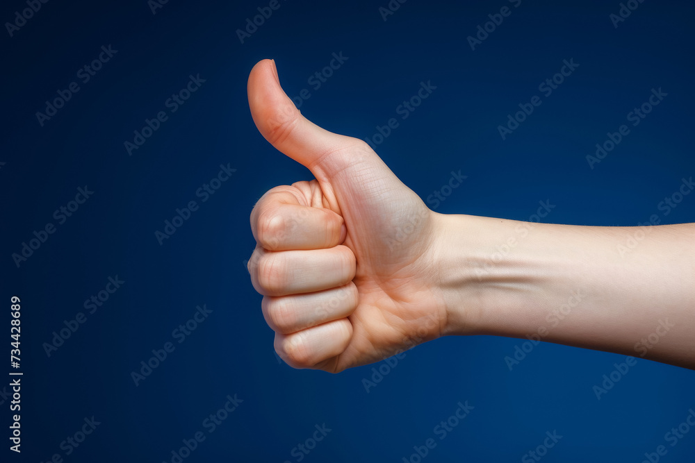 Thumbs up gesture in studio, advertising concept. Background with selective focus and copy space Thumbs up gesture in studio, advertising concept. Background with selective focus and copy space