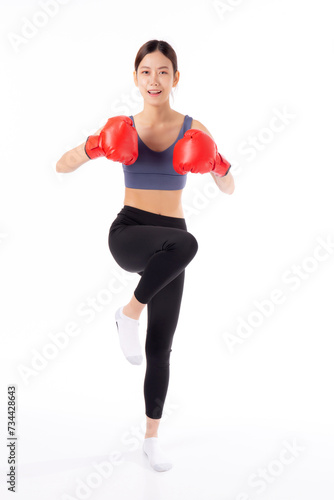 Beautiful young asian woman in sportswear exercise with boxing sport isolated white background, woman training workout with punch for healthcare and weightloss, health and bodycare, power and strong.