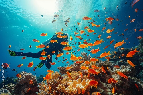 Exploring the vibrant underwater world, a scuba diver swims among schools of colorful fish and intricate coral reefs, surrounded by the vast supply of marine organisms and lush seaweed