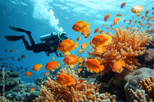 A curious scuba diver explores the vibrant world of marine life, surrounded by schools of colorful orange fish and intricate stony coral formations in the crystal clear waters of a thriving coral ree