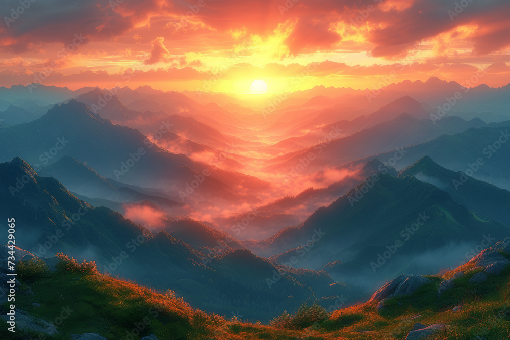 An energizing sunrise over a mountain range, painting the sky in warm tones and casting a golden glow on the landscape. Concept of a rejuvenating sunrise. Generative Ai.