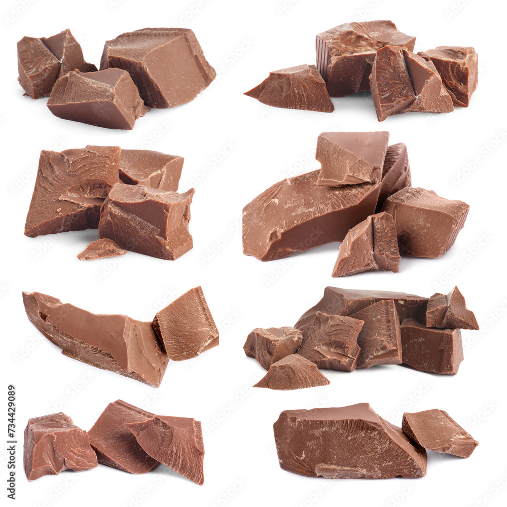 Pieces of tasty chocolate isolated on white, set Pieces of tasty chocolate isolated on white, set