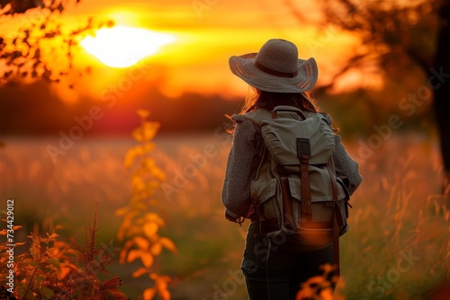 A solitary figure in a sun hat and backpack stands among the golden grasses of an autumn field  basking in the warm glow of the setting sun and embracing the peacefulness of nature
