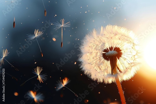 Nature's own fireworks, as a dandelion's seeds take flight against the vivid sky, amidst a sea of dandelion greens in the great outdoors © LifeMedia