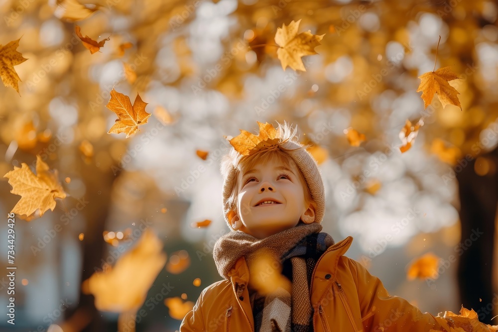 A young girl stands among the falling leaves, her face full of wonder as she embraces the beauty of autumn in her cozy coat and hat A young girl stands among the falling leaves, her face full of wonder as she embraces the beauty of autumn in her cozy coat and hat