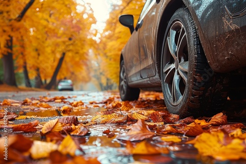Amidst the colorful autumn landscape, a parked car rests on the road, its tires surrounded by fallen leaves, a symbol of both the changing season and the vehicle's journey through the ever-evolving o © LifeMedia