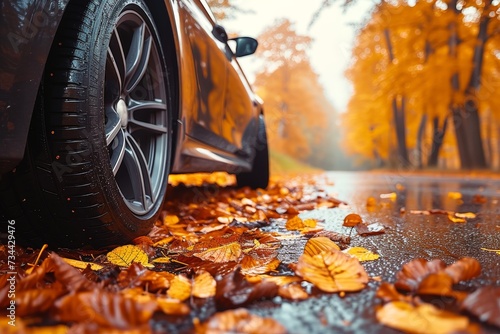 A vibrant orange car sits parked on a wet autumn road, its tires coated in fallen leaves, blending seamlessly into the surrounding outdoor landscape © LifeMedia