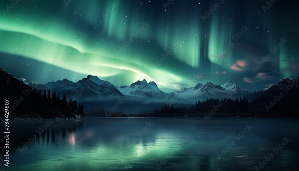Majestic mountain peak illuminated by starry night sky generated by AI