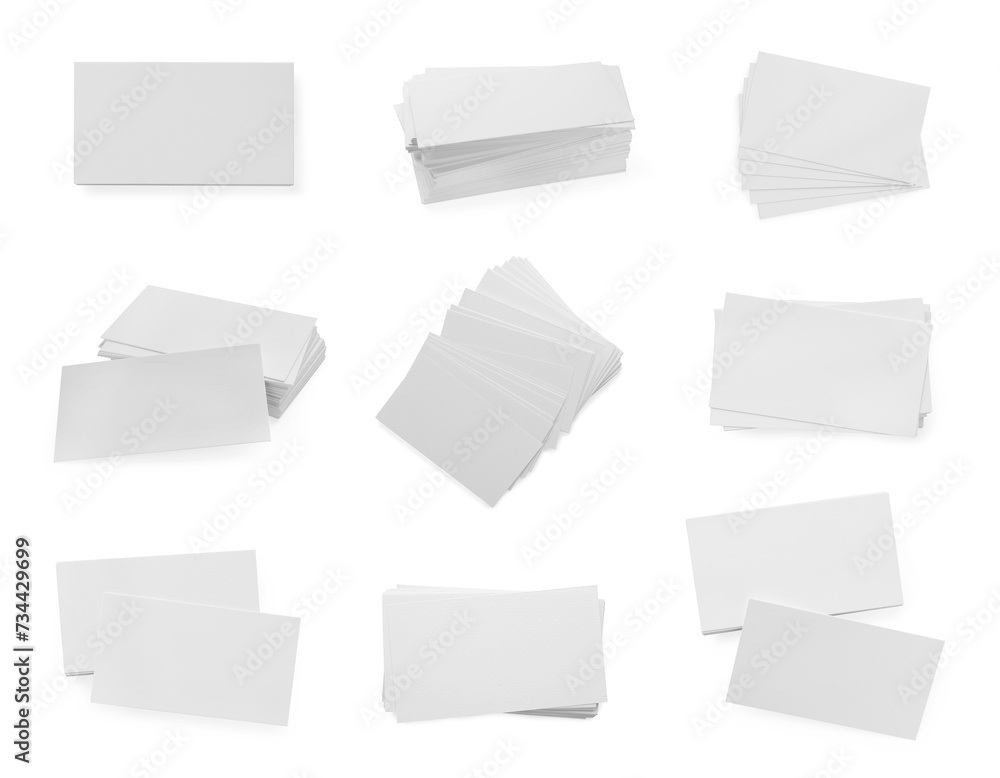 Many blank business cards isolated on white, set