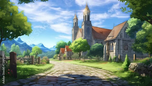 Animated illustration of a building for a place of worship in the countryside, with a view of the mountains. 4k loop animation with anime cartoon or digital painting style. Background animation. photo