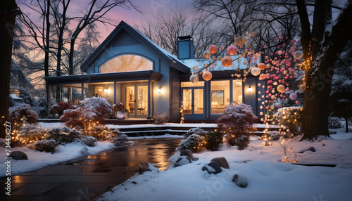 Winter night, snow covered tree illuminated by Christmas lights generated by AI