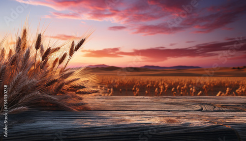 Sunset over the rural farm, golden wheat fields glow generated by AI