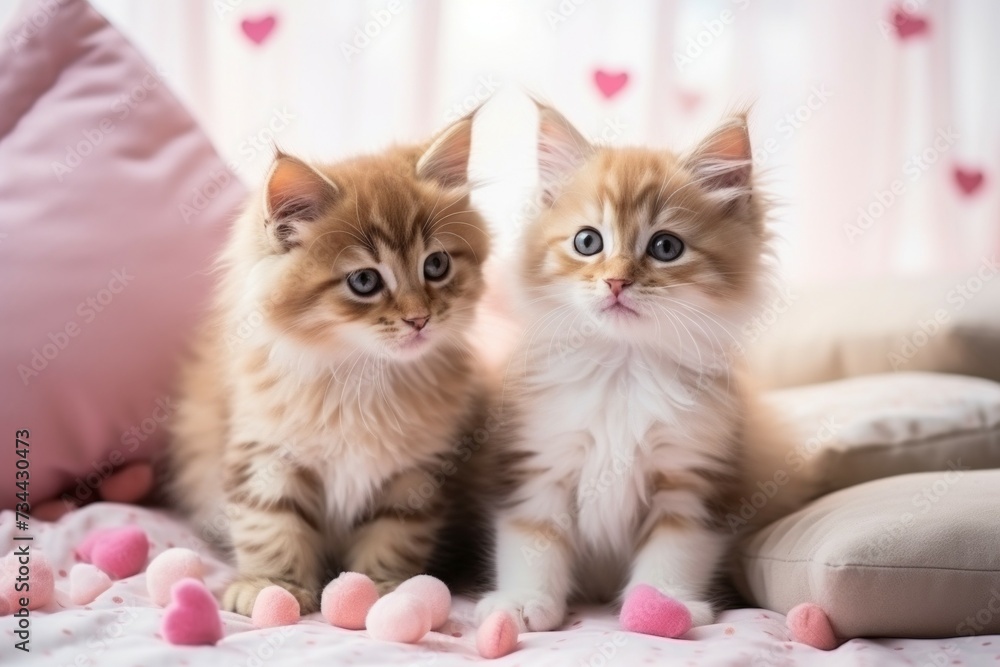 Couple of cute kittens, romance concept. Background with selective focus and copy space Couple of cute kittens, romance concept. Background with selective focus and copy space