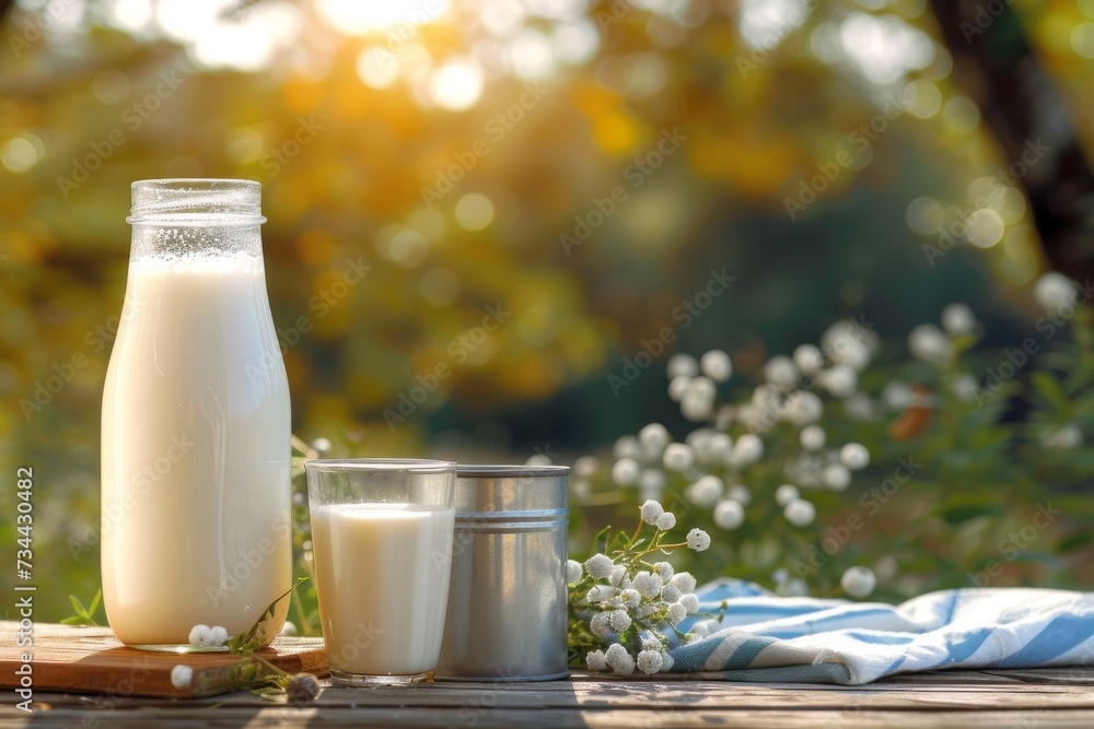 Amidst the lush greenery, a simple outdoor picnic table is adorned with a bottle of creamy dairy milk and two glasses of refreshing plant-based almond milk, offering a diverse and satisfying choice f Amidst the lush greenery, a simple outdoor picnic table is adorned with a bottle of creamy dairy milk and two glasses of refreshing plant-based almond milk, offering a diverse and satisfying choice f