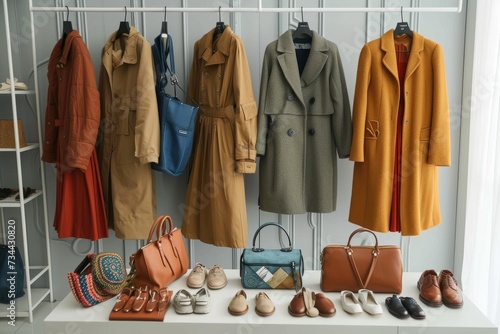 A stylish boutique closet with a wall rack and standing clothes hanger showcases a stunning collection of coats and shoes, embodying fashion design and wardrobe essentials for the indoor fashionista