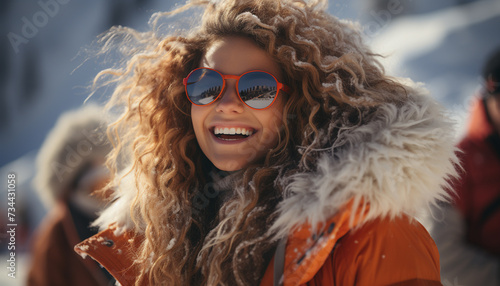 Smiling young woman outdoors, enjoying winter nature beauty generated by AI