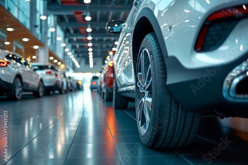 A gleaming lineup of luxurious vehicles, their sleek designs and shining alloy wheels glistening under the bright automotive lighting, parked in an indoor showroom floor ready to be admired and covet
