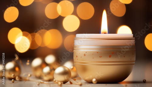 Glowing flame illuminates festive decoration, creating warm, romantic ambiance generated by AI