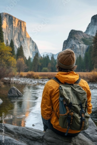 A solitary figure clad in rugged outdoor gear gazes upon the majestic river, surrounded by the vibrant colors of autumn and the peaceful serenity of nature