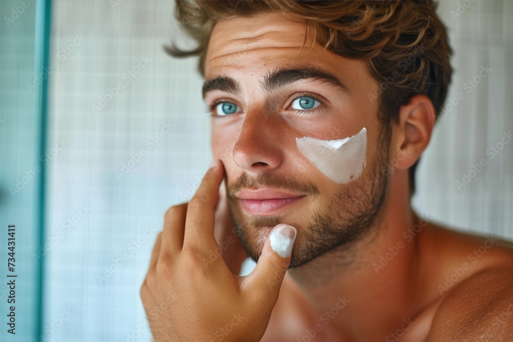 An intense portrait of a man with piercing blue eyes and a stark white ...