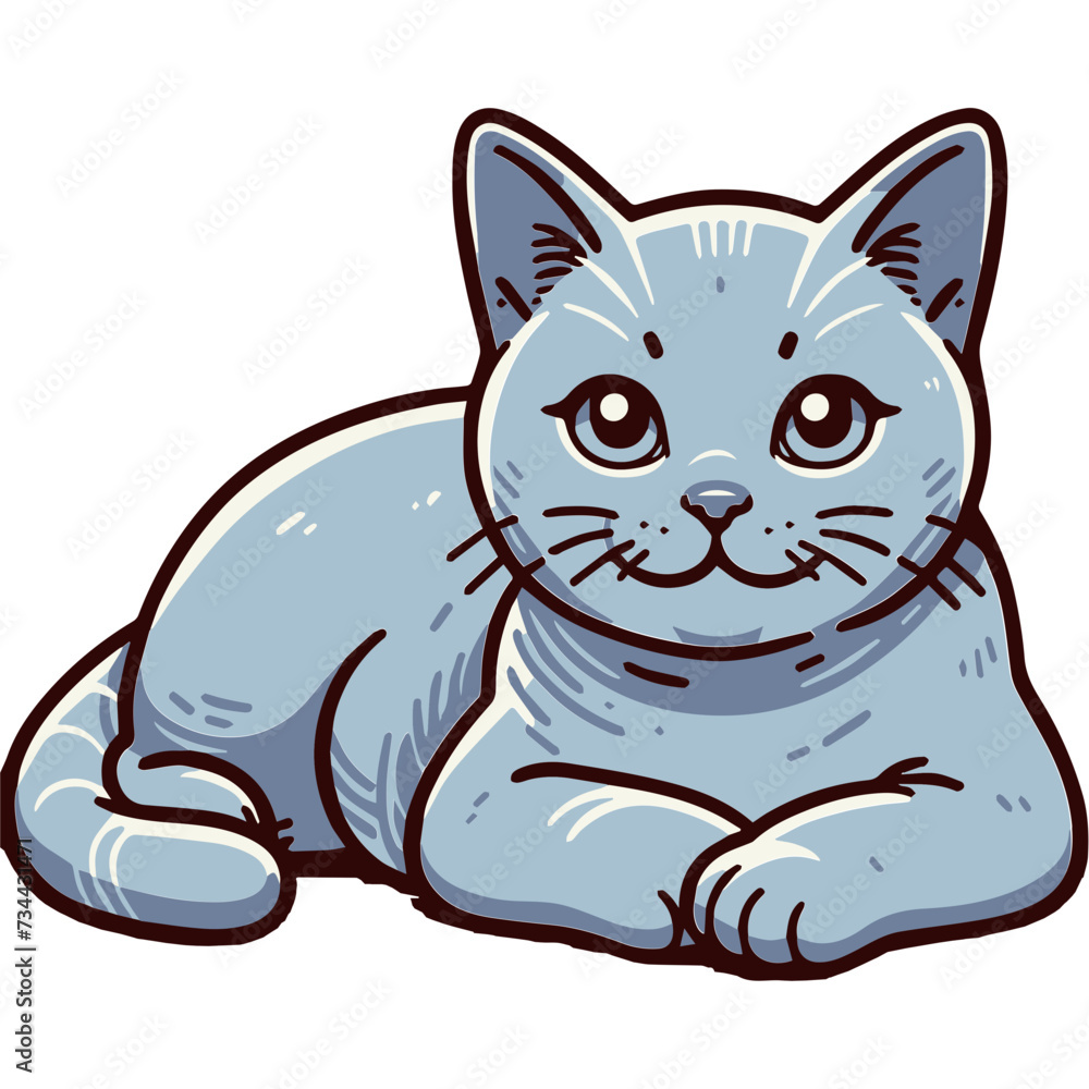 Fototapeta premium Russian Blue cat lounging comfortably, with a friendly gaze and a relaxed posture.