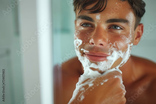 A determined man carefully shaves his face in front of a stark wall, his focused expression highlighting the precision of his grooming routine