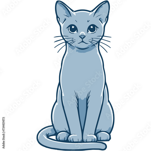 Russian Blue cat Sitting, minimalist illustration, calm and poise with its piercing gaze.