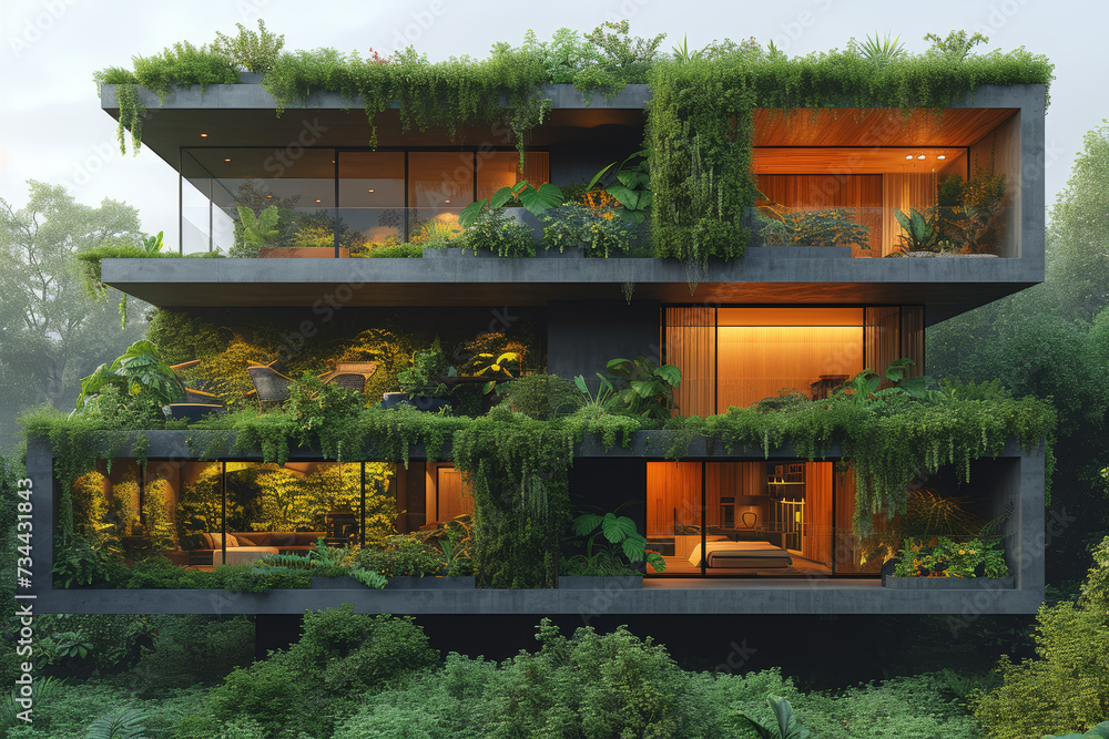 A residence adorned with lush greenery, incorporating a rooftop garden and vertical planters to enhance biodiversity and improve air quality. Concept of urban green spaces. Generative Ai.