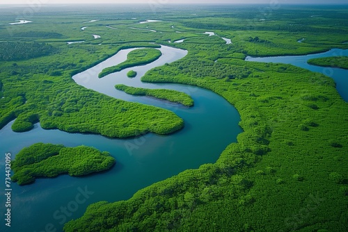 An enchanting aerial view of a winding river flowing through a lush green forest, showcasing the intricate beauty of water resources and the dynamic landscape of an estuary with its oxbow lakes, pold photo