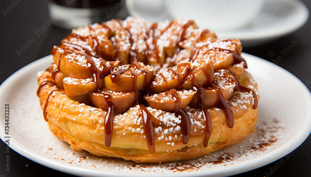 Freshly baked pancake with chocolate syrup and fruit toppings generated by AI Freshly baked pancake with chocolate syrup and fruit toppings generated by AI