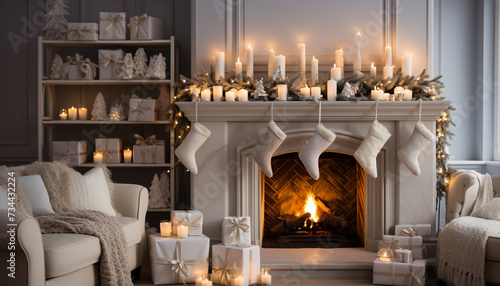 Cozy living room illuminated by glowing candlelight, celebrating winter generated by AI