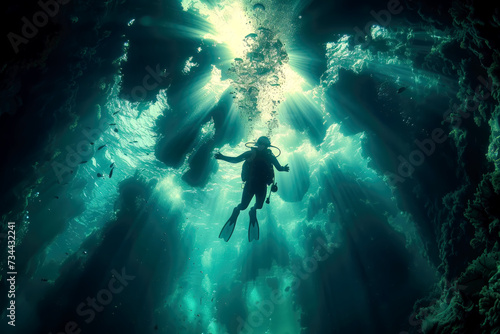 Scuba diver in the sea with the light shining down from above, generative ai © John