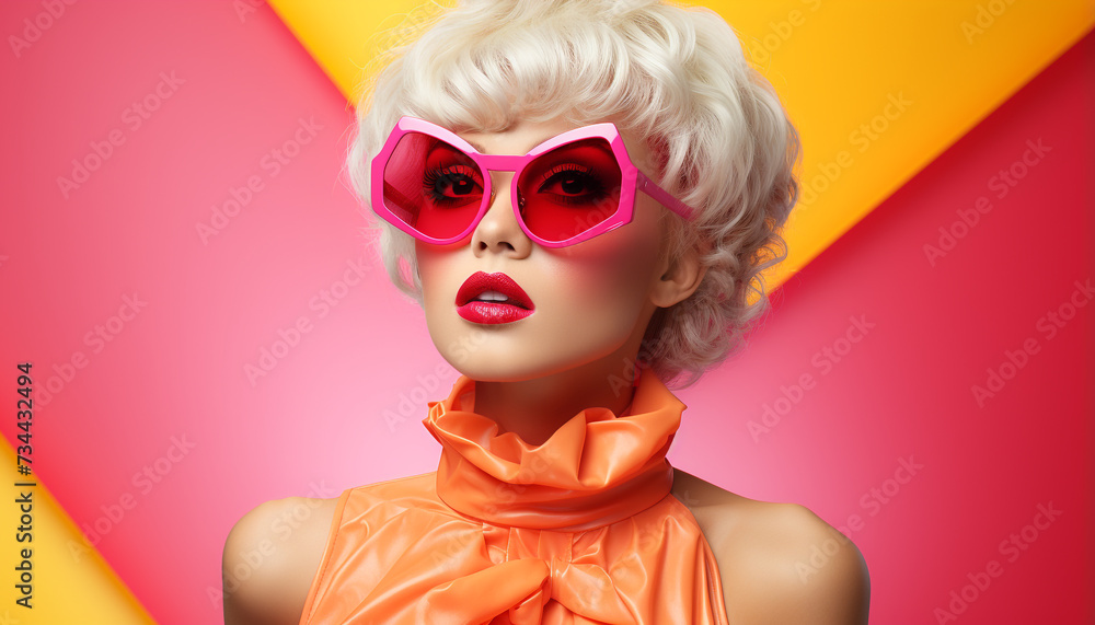 Beautiful fashion model with blond hair wearing sunglasses and lipstick generated by AI