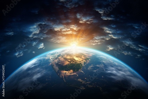 A captivating view of Earth, sun, star, and galaxy. A beautiful sunrise over the planet from space, symbolizing ecology, environment, and Earth Day. Generative AI