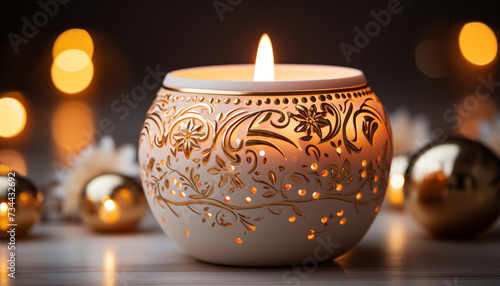 Glowing candle illuminates dark room, symbolizing spirituality and celebration generated by AI