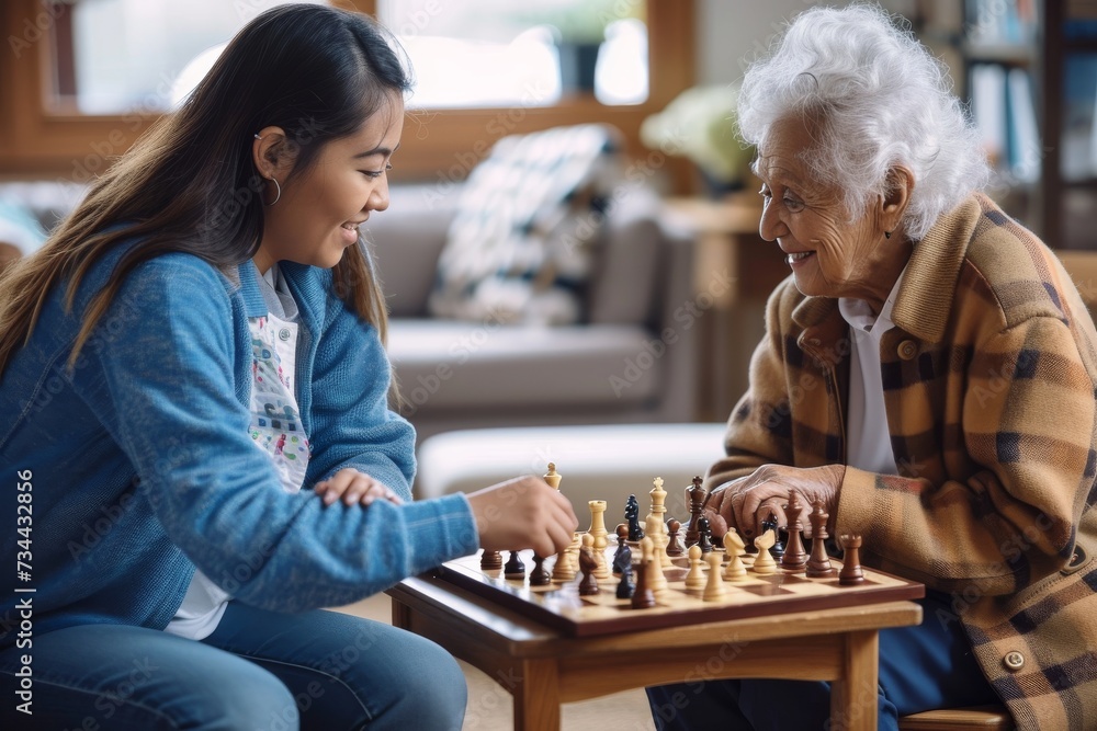 A poised woman and a determined girl engage in a strategic battle of wits, their faces reflecting concentration and determination as they maneuver the intricate chess pieces on the tabletop, surround - obrazy, fototapety, plakaty 
