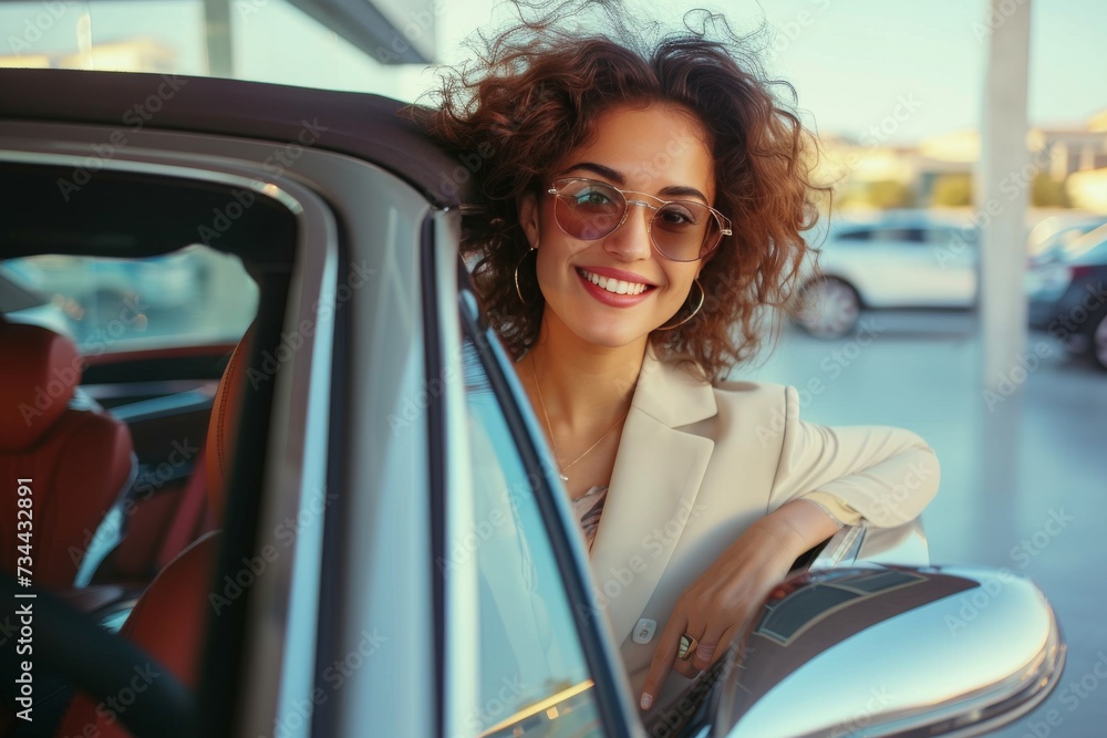 A beaming woman exudes confidence as she rests against her car, the mirror reflecting her contentment and stylish attire in the outdoor setting