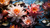 A vibrant flower head floats on tranquil pond water generated by AI