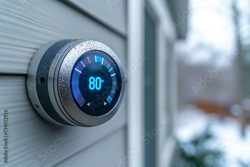 A dwelling with a smart thermostat and climate control system, optimizing energy usage based on occupancy and external weather conditions. Concept of intelligent climate control. Generative Ai. photo