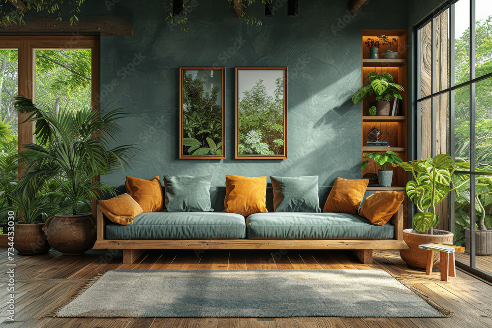 A sustainable living room with energy-efficient lighting, recycled furniture, and indoor plants for improved air quality. Concept of sustainable living spaces. Generative Ai. A sustainable living room with energy-efficient lighting, recycled furniture, and indoor plants for improved air quality. Concept of sustainable living spaces. Generative Ai.