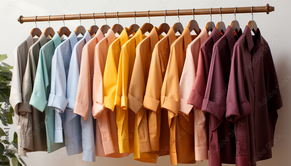 A variety of colorful clothing hanging in a boutique store generated by AI