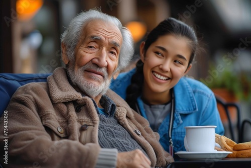 A young woman shares a heartwarming moment with an elderly man over a cup of coffee  their smiles and relaxed demeanor creating a beautiful contrast between the indoor setting and the bustling outdoo