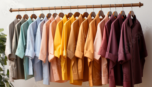 A variety of colorful clothing hanging in a boutique store generated by AI