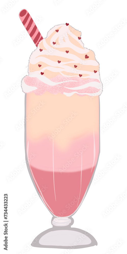 Hand drawn- Pink strawberry milkshake with whipped cream and fruit chips watercolor illustration isolated on white background. Cold summer drink in plastic cup, delicious dessert Hand drawn- Pink strawberry milkshake with whipped cream and fruit chips watercolor illustration isolated on white background. Cold summer drink in plastic cup, delicious dessert