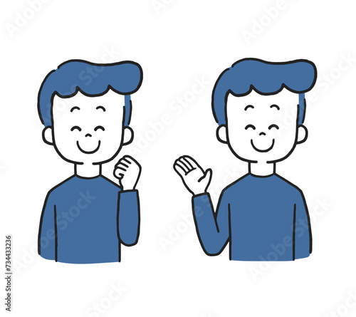 笑顔　ガッツポーズ　案内　男性