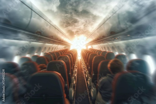 Amidst the dull hum of the plane's engine, a diverse group of individuals eagerly await their journey together, united by the shared experience of traveling through the sky