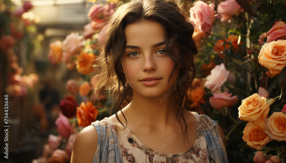 Young woman with brown hair smiling, looking at camera outdoors generated by AI