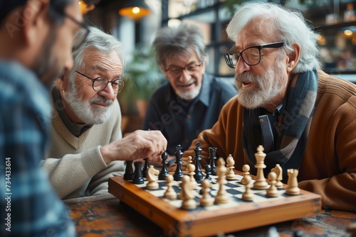 A gathering of intellectual men engrossed in a strategic game of chess, their faces intent behind glasses, as the chessmen dance across the board in a battle of wit and skill